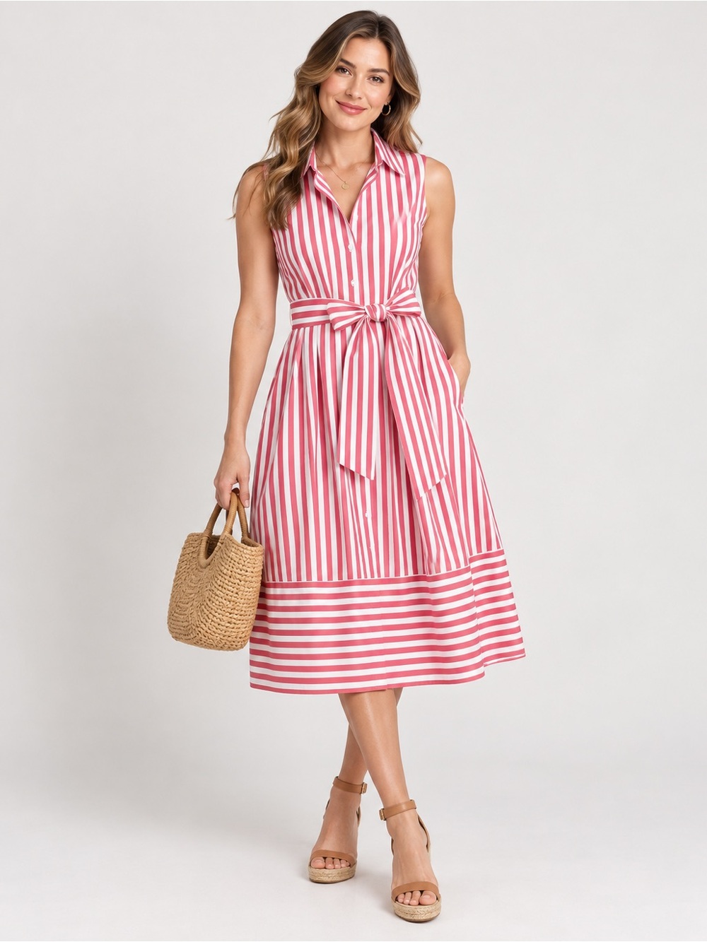 Jones New York NWT Red White Striped Midi Shirt Dress XS